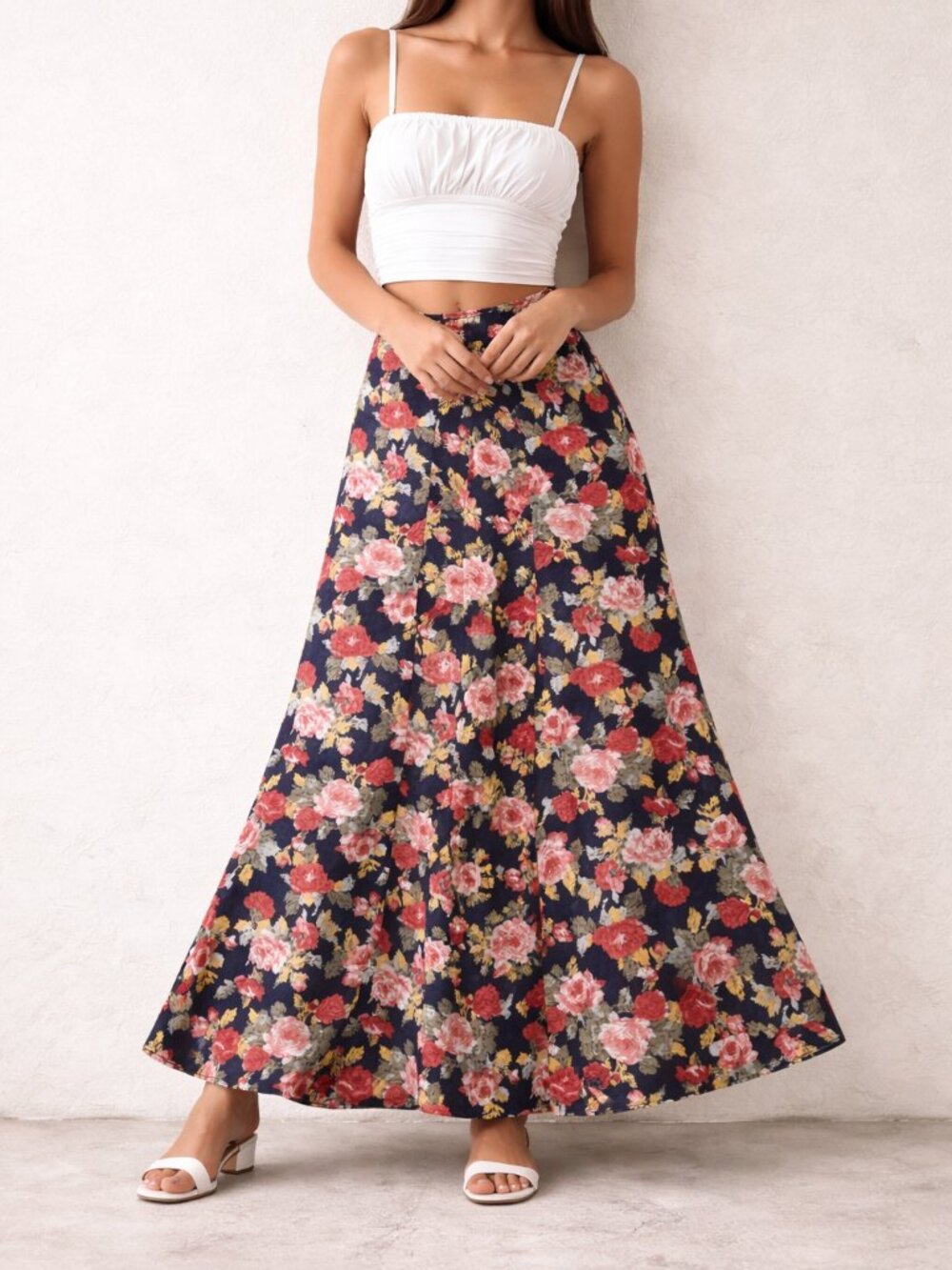 UO Floral Maxi‎ Skirt S Cottagecore Boho Romantic Silk Blend Navy Vintage